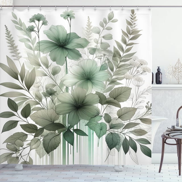 Ambesonne Sage Green Shower Curtain, Nostalgia Flowers Leaves, 69"Wx75