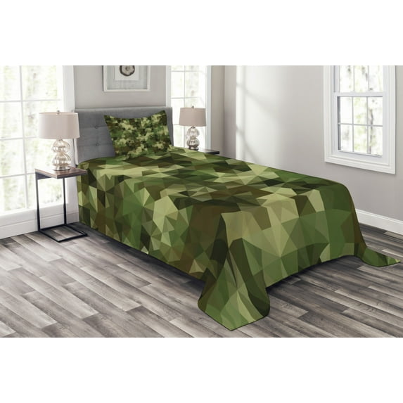 Ambesonne Sage Quilted Bedspread Set 2 Pcs, Abstract Camo Pattern, Twin Size, Green