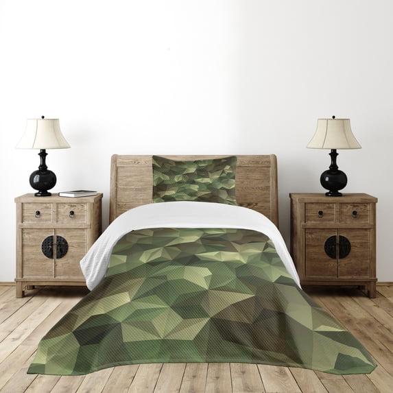 Ambesonne Sage Quilted Bedspread Set 2 Pcs, Geometric Fractal Camo, Twin Size, Brown and Green