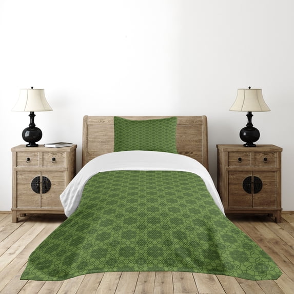 Ambesonne Sage Quilted Bedspread Set 2 Pcs, Mandala Geometrical Floral, Twin Size, Fern Green Olive Green