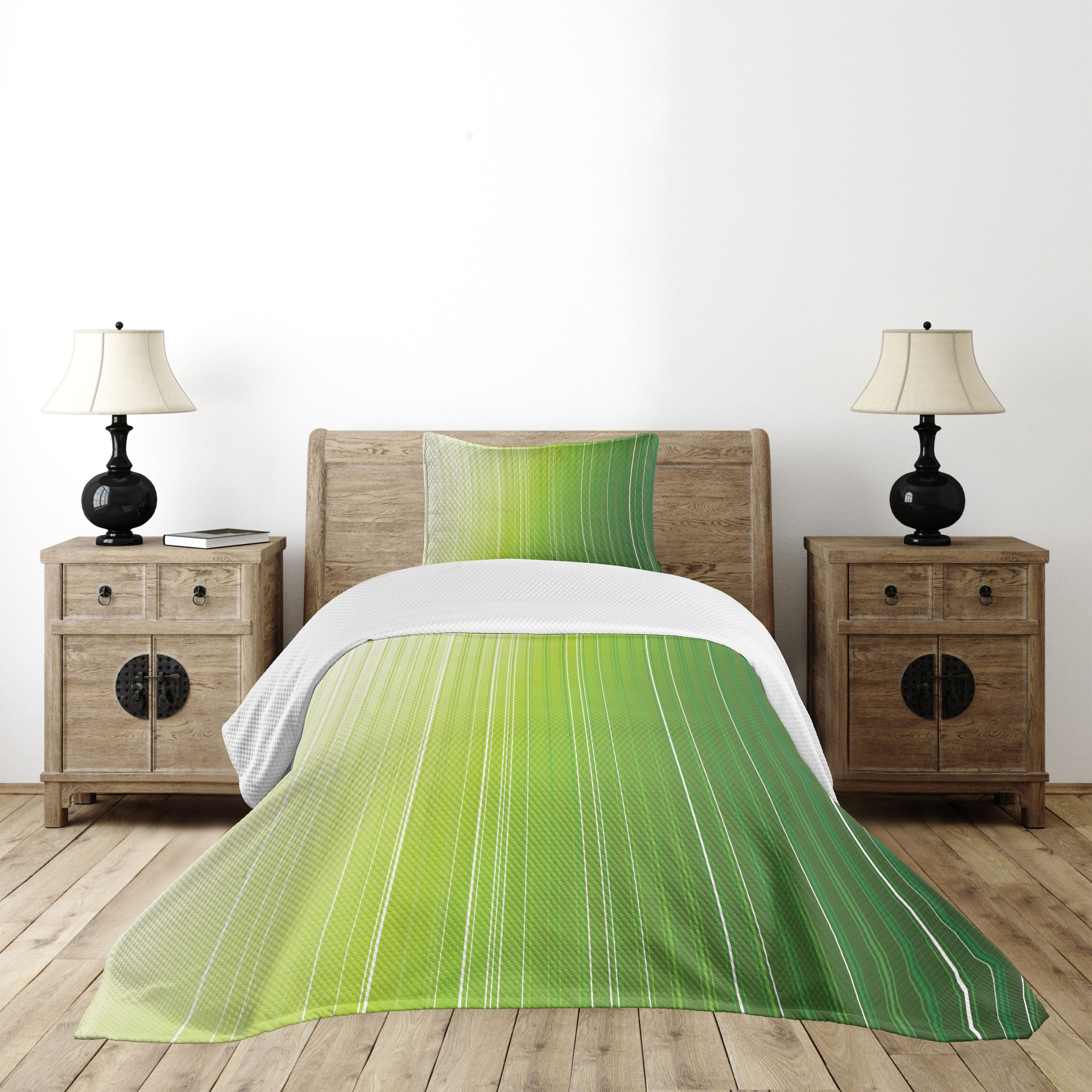 Twin White and Green Quilted Bedspread Set with Pillow Sham