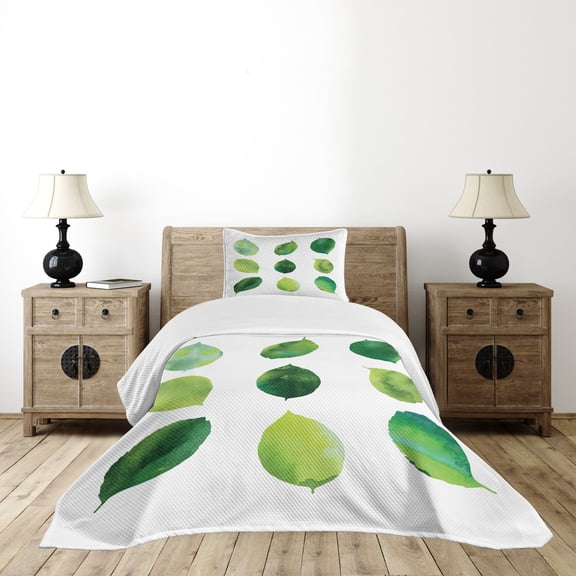 Ambesonne Sage Quilted Bedspread Set 2 Pcs, Watercolor Fresh Foliage, Twin Size, Green White