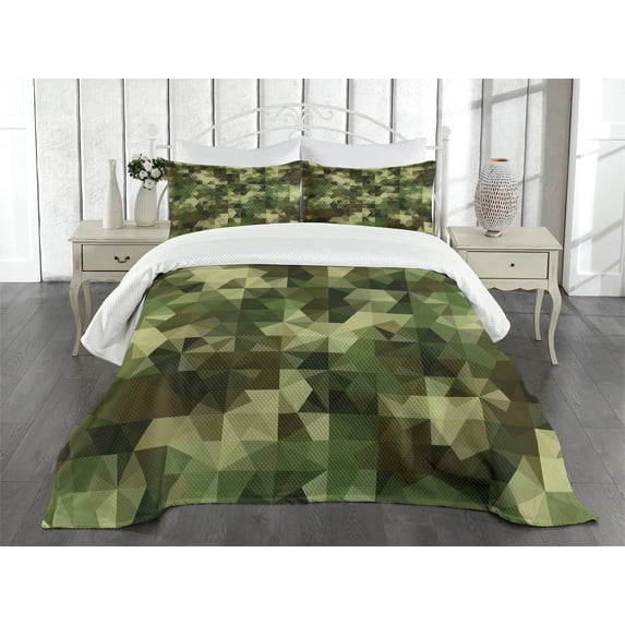 Ambesonne Sage Quilted Bedspread Set 3 Pcs, Abstract Camo Pattern, Queen Size, Green