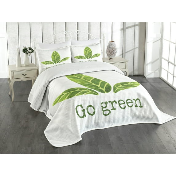 Ambesonne Sage Quilted Bedspread Set 3 Pcs, Eco Concept Green Leaves, King Size, Green White