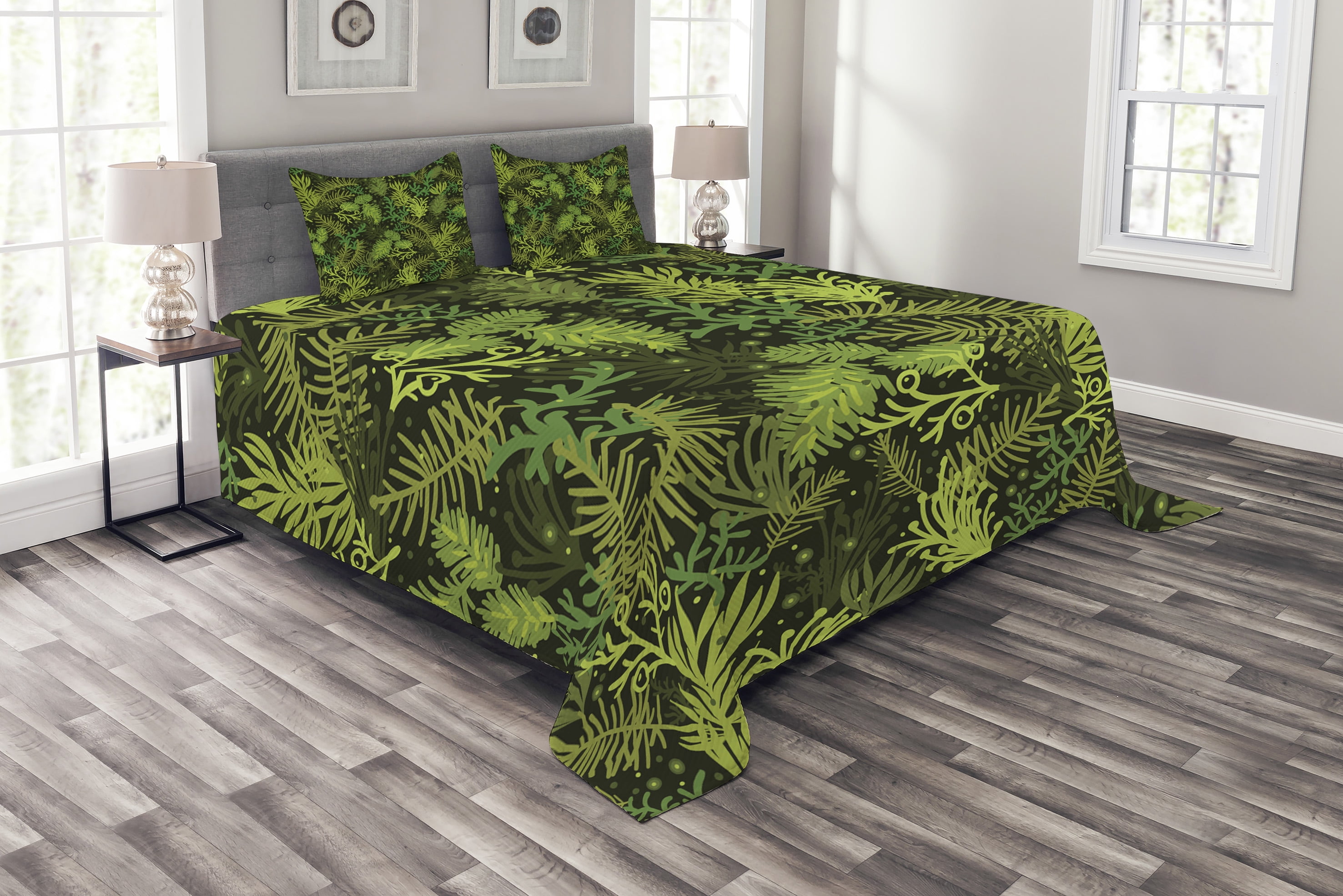 Queen Size Green Botanical Quilted Bedspread Set