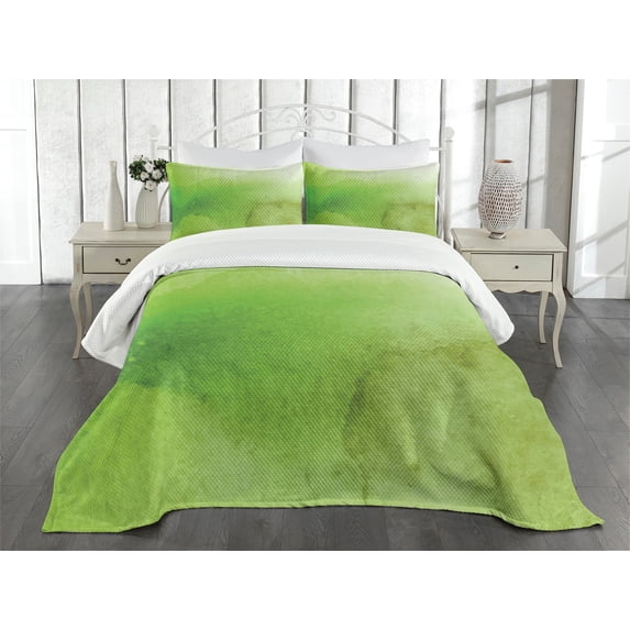 Ambesonne Sage Quilted Bedspread Set 3 Pcs, Grunge Watercolor Blurred, Queen Size, Apple Green Fern Green