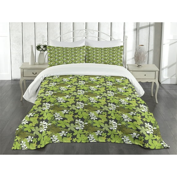Ambesonne Sage Quilted Bedspread Set 3 Pcs, Nostalgia Vintage Foliage, King Size, Green Black White