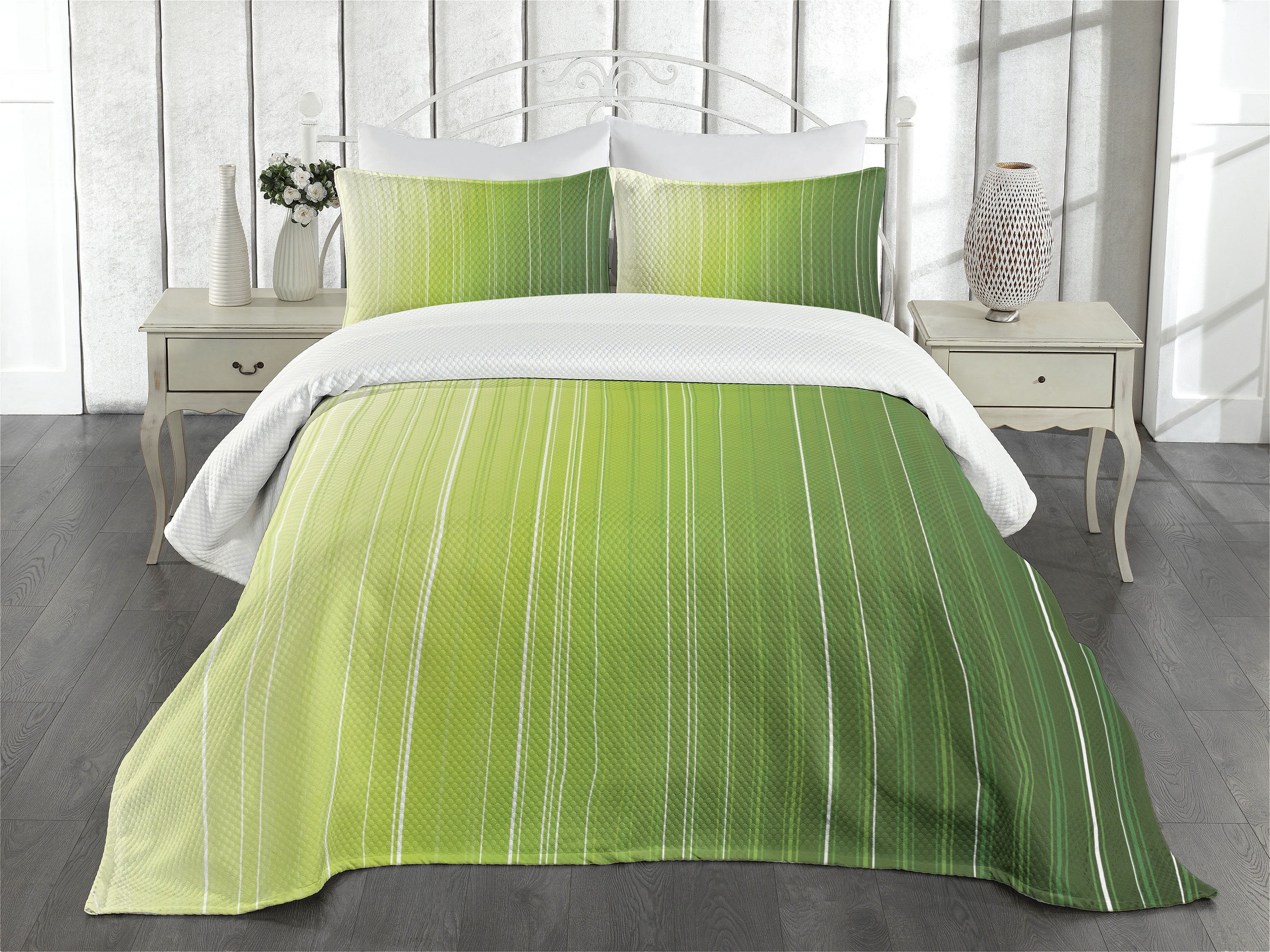 Green Ombre Stripe Queen Bedspread Set with Shams