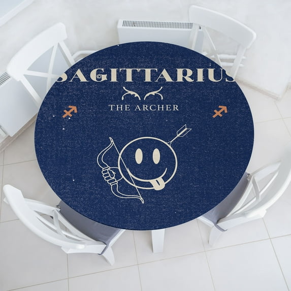 Ambesonne Sagittarius Emoji Fitted Round Tablecloth, Funny Face Arrow, 36"- 40" Diameter, Dark Sky Blue Grey