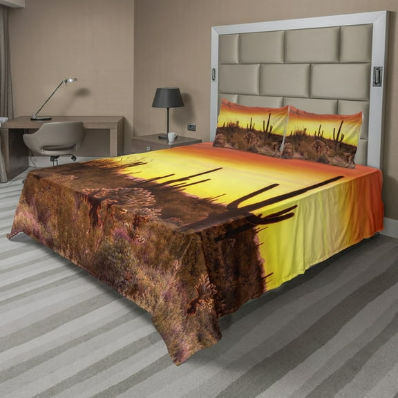 Ambesonne Saguaro Fitted & Top Sheet Set with Shams, Cactus and s Land, Red Yellow