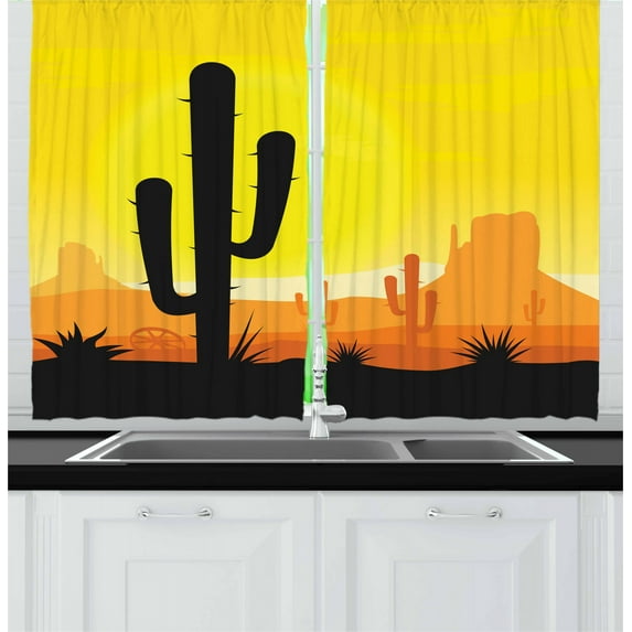 Ambesonne Saguaro Kitchen Curtains, Plants in West Desert, 55"x45", Yellow Orange Black
