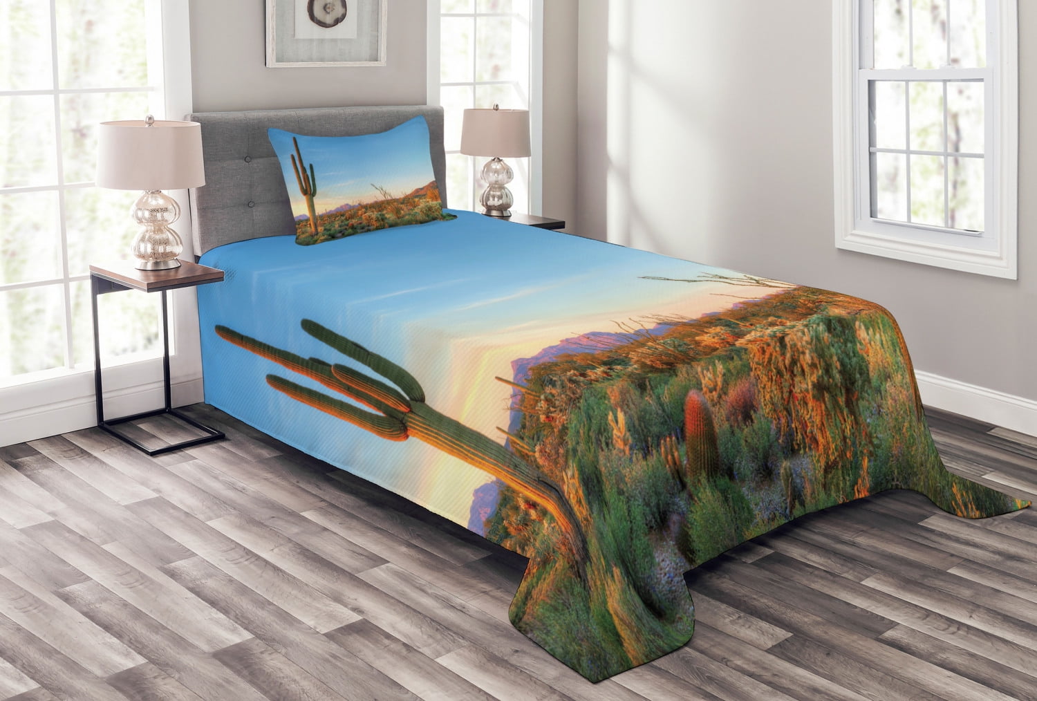 Twin White Quilted Bedspread Set with Desert Cactus Print