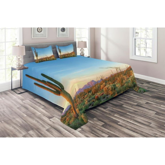 Ambesonne Saguaro Quilted Coverlet 3 Pcs, Sun in Desert Cactus, Queen Size, Orange Blue Green