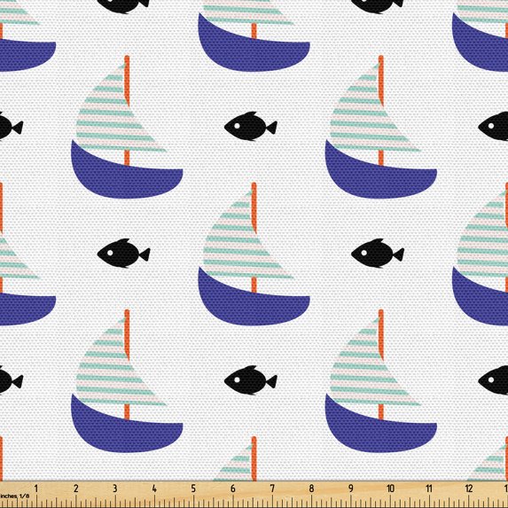 Ambesonne Sailboat Fabric by the Yard Upholstery, Minimalist Boat Design, 10 Yards, Violet Blue Pale Blue