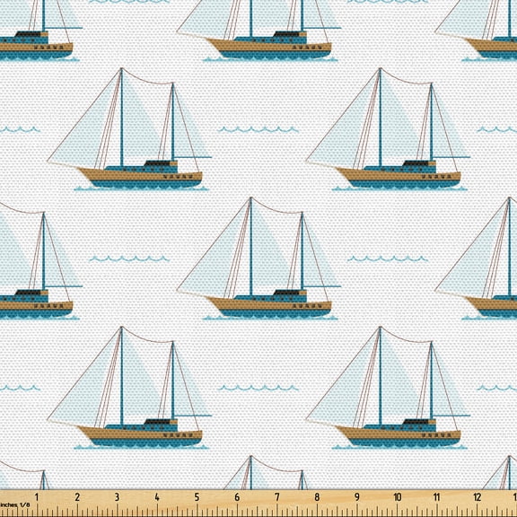 Ambesonne Sailboat Fabric by the Yard Upholstery, Nautical Sailing Motifs, 10 Yards, White Pale Brown