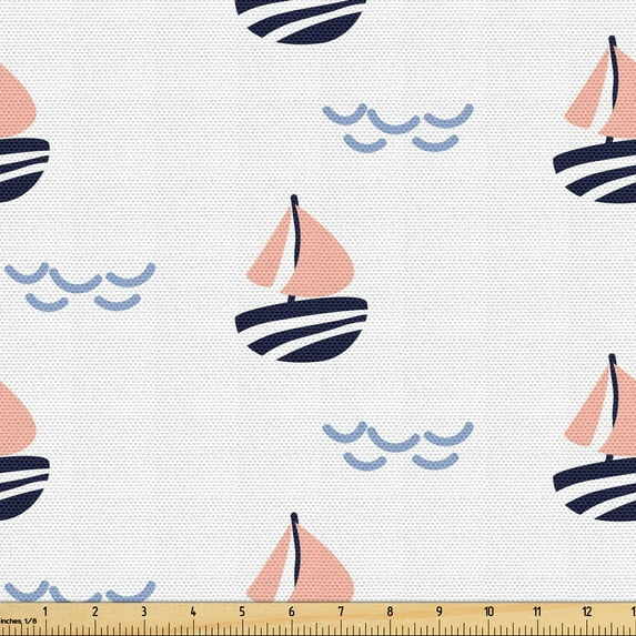 Ambesonne Sailboat Fabric by the Yard Upholstery, Scandinavian Boats, 10 Yards, Night Blue Pale Peach