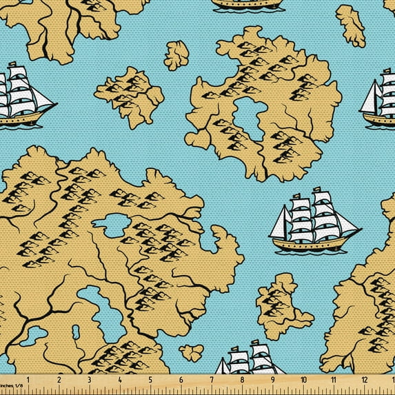 Ambesonne Sailing Fabric by the Yard Upholstery, Clipper Ship Pirate Map, 5 Yards, Blue Earth Yellow