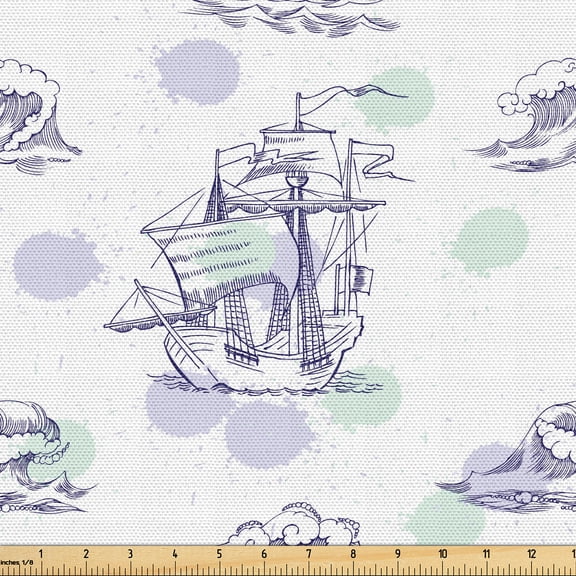 Ambesonne Sailing Fabric by the Yard Upholstery, Vessels Watercolor Sketch, 3 Yards, Purple Green