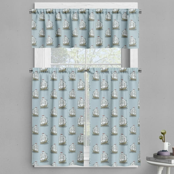 Ambesonne Sailing Valance & Curtain, Adventurous Sailboat Art, 55"x45", Blue Grey Pale Khaki