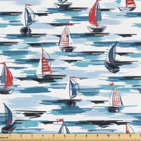 Ambesonne Sailor Fabric by the Yard, Sailing Boats Nautical Print, 5 Yards, Vermilion Seafoam and Blue