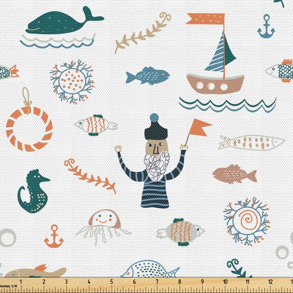 Ambesonne Sailor Fabric by the Yard Upholstery, Algae Ship Sailorman Seaweed, 1 Yard, White and Multicolor