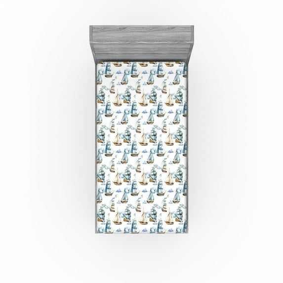 Ambesonne Sailor Fitted Sheet, Nautical Marine Ships Print, Twin XL Size, Brown Blue White