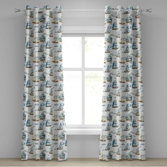 Ambesonne Sailor Grommet Curtain, Nautical Marine Ships Print, 50"x108", Brown Blue White