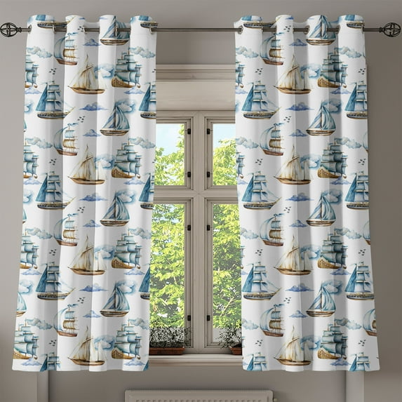 Ambesonne Sailor Grommet Curtain, Nautical Marine Ships Print, 50"x63", Brown Blue White