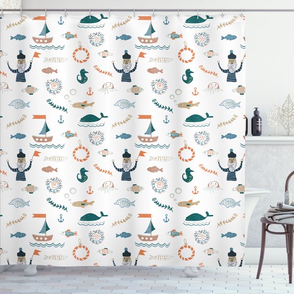 Ambesonne Sailor Shower Curtain, Algae Ship Sailorman Seaweed, 69"Wx84"L, White and Multicolor