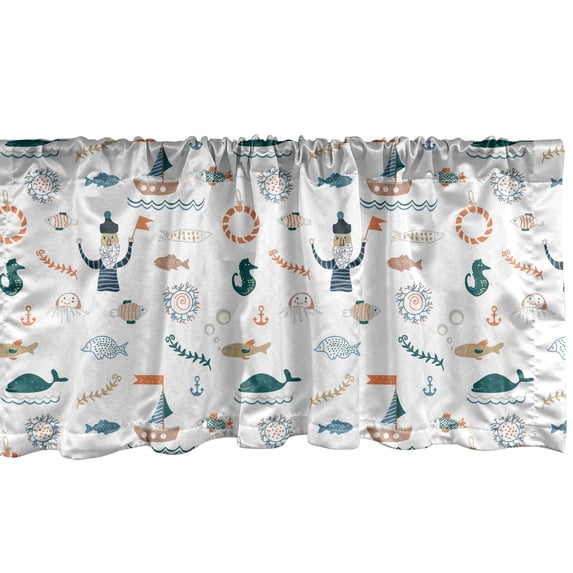 Ambesonne Sailor Window Valance, Algae Ship Sailorman Seaweed, 42" x 18", White and Multicolor