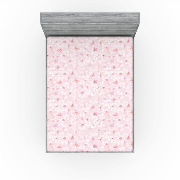 Ambesonne Sakura Fitted Sheet, Traditional Cherry Blossom, King Size, Pale Pink Lilac White