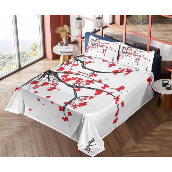 Ambesonne Sakura Fitted & Top Sheet Set with Shams, Watercolor Summer Garden, Vermilion Grey and White