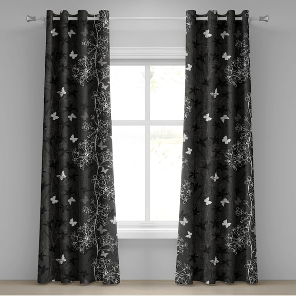 Ambesonne Sakura Grommet Curtain, Muted Lily and Butterfly Art, 50"x108", Charcoal Grey Pale Grey