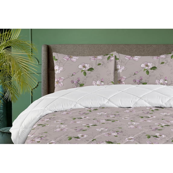 Ambesonne Sakura Pattern Down Alternative Quilt Comforter, Art Japanese Flowers, Full, Purple Grey and Fern Green