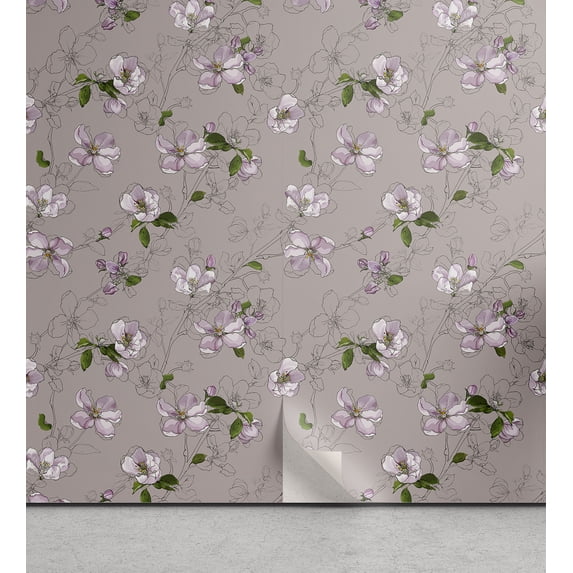 Ambesonne, Sakura Pattern Peel & Stick Wallpaper for Home, Art Japanese Flowers, 13"x36", Purple Grey and Fern Green