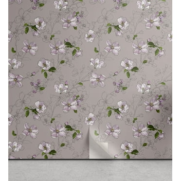 Ambesonne, Sakura Pattern Peel & Stick Wallpaper for Home, Art Japanese Flowers, 13"x72", Purple Grey and Fern Green