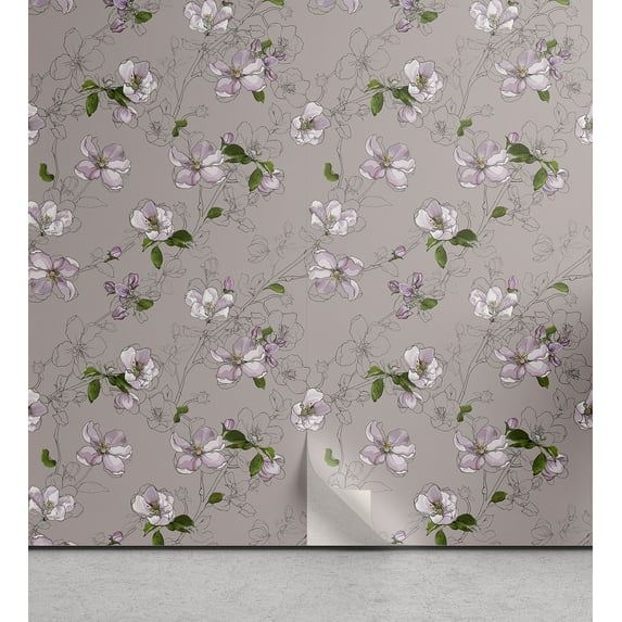 Ambesonne, Sakura Pattern Peel & Stick Wallpaper for Home, Art Japanese Flowers, 13"x72", Purple Grey and Fern Green