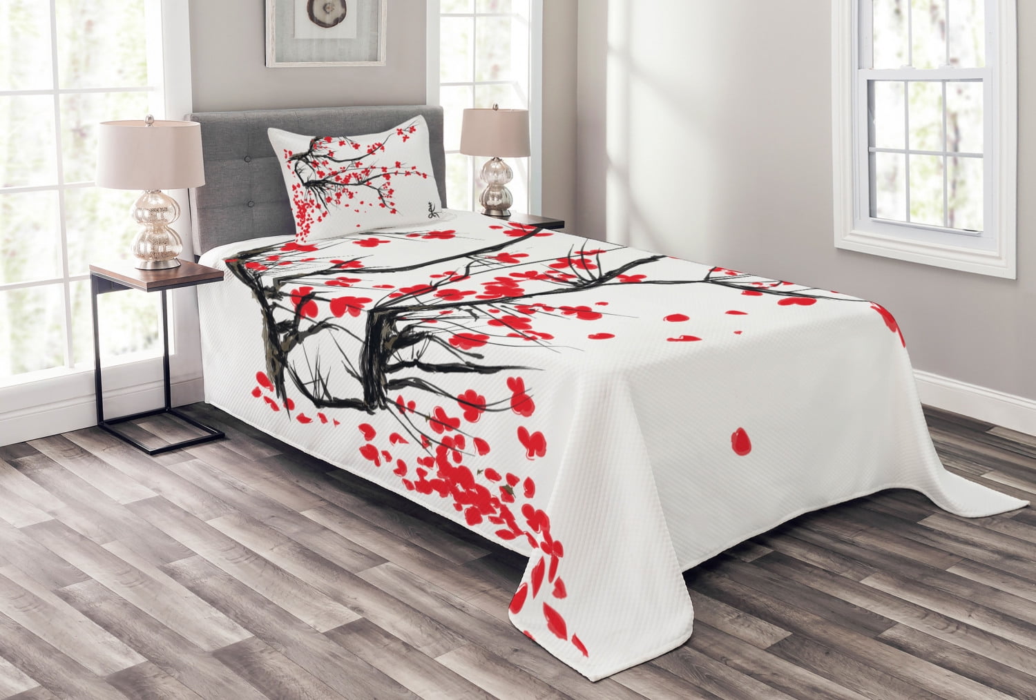 White and Red Floral Twin Quilted Bedspread Set