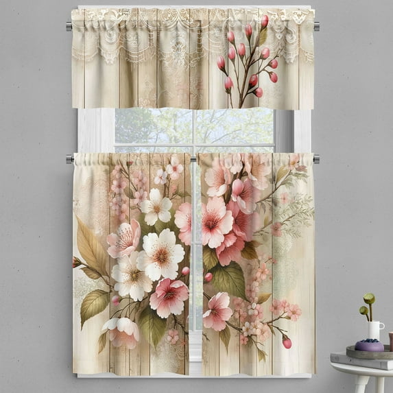 Ambesonne Sakura Valance & Curtain 3 Pcs Set, Japanese Cherry Blossom Art, 55"x36", Blush Olive Green Dusk