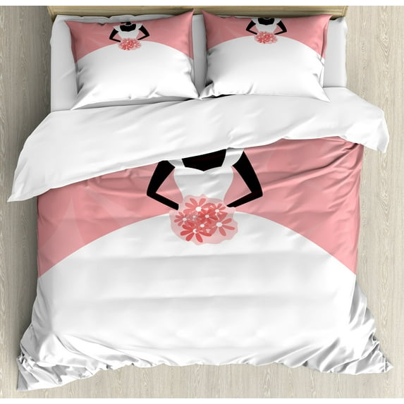 Ambesonne Salmon Duvet Cover Sets, Wedding Dress Flowers, 2-King, Black White and Salmon