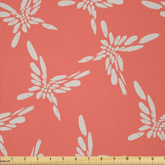Ambesonne Salmon Fabric by the Yard Microfiber, Brushstrokes Butterfly Art, 5 Yards, Coral and Grey Yellow