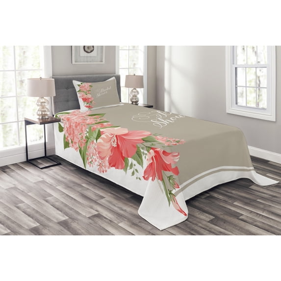 Ambesonne Salmon Quilted Bedspread Set 2 Pcs, Floral Wedding Frame, Twin Size, Salmon Green and Beige