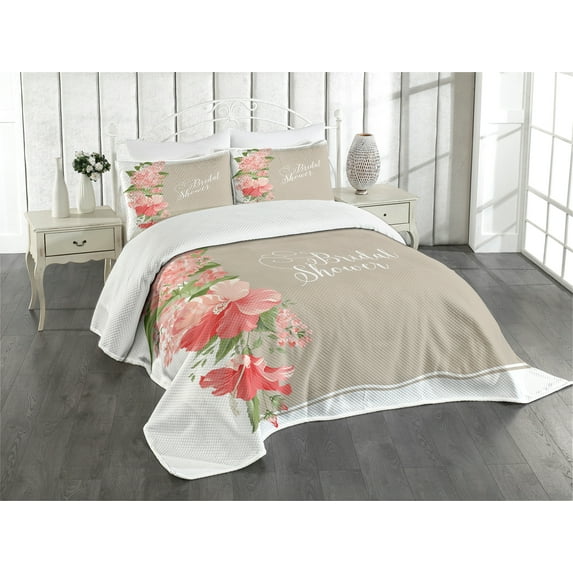 Ambesonne Salmon Quilted Bedspread Set 3 Pcs, Floral Wedding Frame, King Size, Salmon Green and Beige