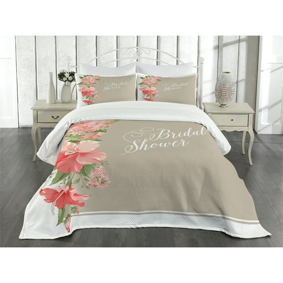 Ambesonne Salmon Quilted Bedspread Set 3 Pcs, Floral Wedding Frame, Queen Size, Salmon Green and Beige