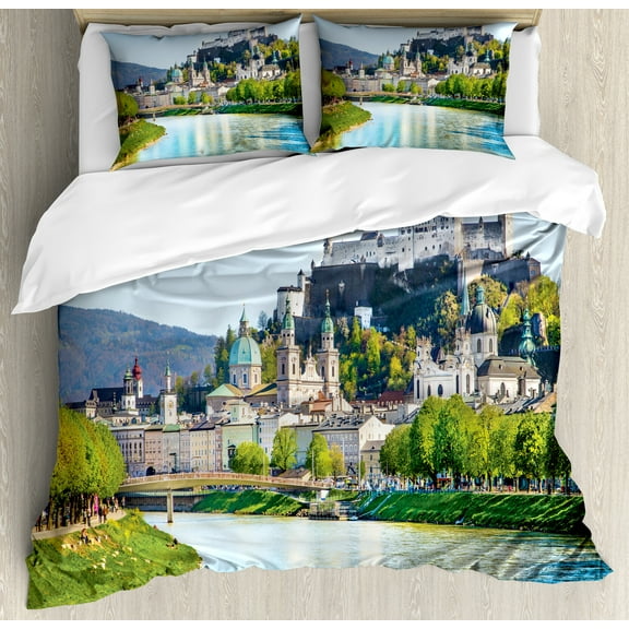 Ambesonne Salzburg Duvet Cover Set, Austrian Historic Skyline, King, Azure Blue and Lime Green