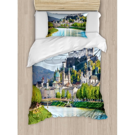 Ambesonne Salzburg Duvet Cover Set, Austrian Historic Skyline, Twin, Azure Blue and Lime Green