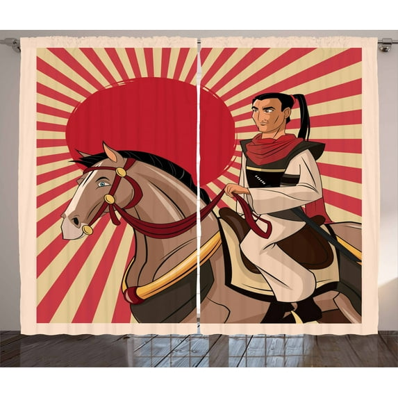 Ambesonne Samurai Curtains 2 Panel Set, Japanese Man Horse, 108" x 63", Multicolor