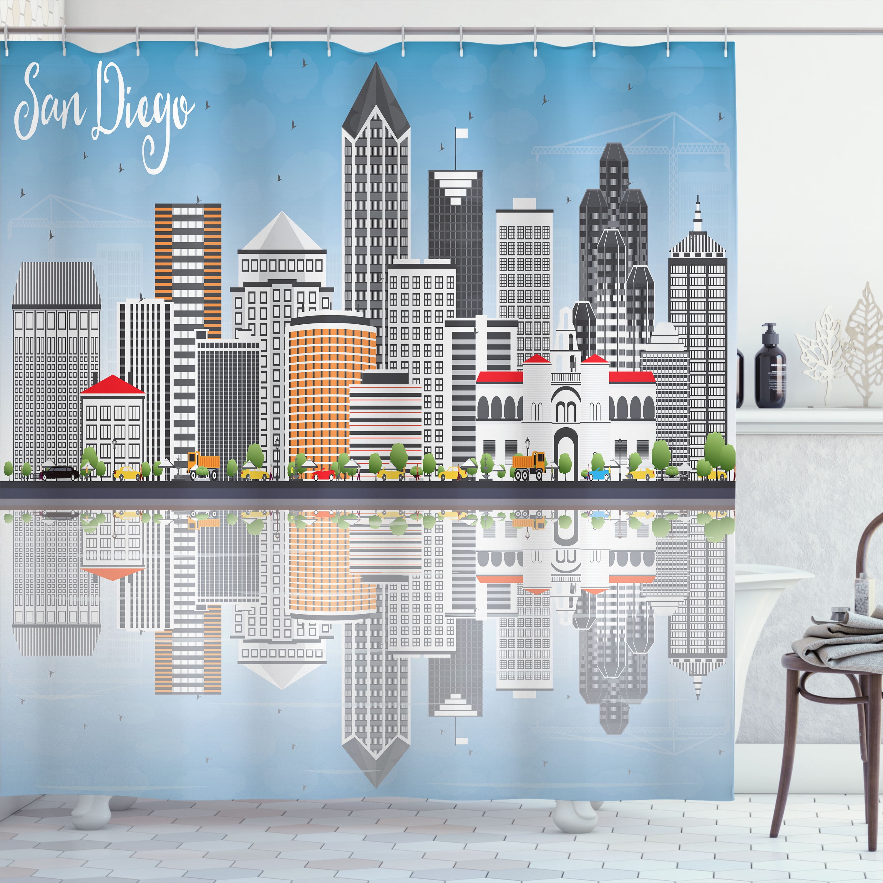 Detroit Skyline Multicolor Waterproof Fabric Shower Curtain