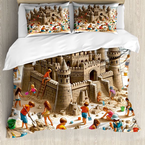 Ambesonne Sand Castle Duvet Cover Set, Sea Beach Building Fun, King, Camel Burnt Orange