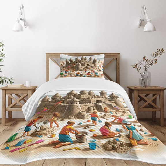 Ambesonne Sand Castle Quilted Bedspread Set 2 Pcs, Sea Beach Building Fun, Twin Size, Camel Burnt Orange